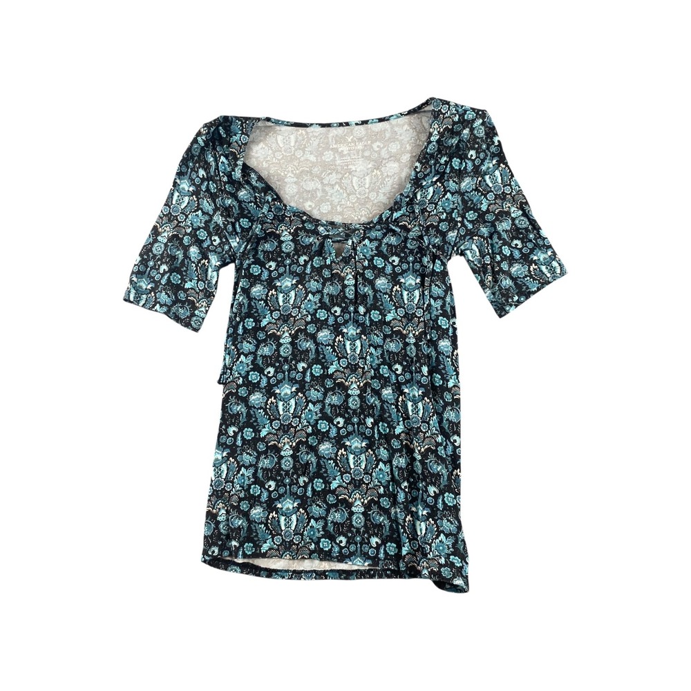American Eagle Outfitters Blue Floral Print Short Sleeve Square Neck Tunic Top M